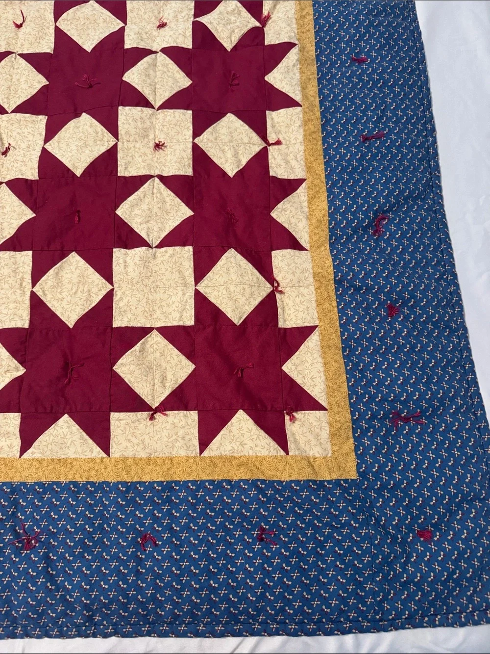 Handmade Star Patchwork Quilt - Burgundy, Cream, Mustard & Blue